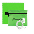 Mobile Tech Earbud Kit w/ Microfiber Cleaning Cloth Components inserted into Polyester Zipper Pouch